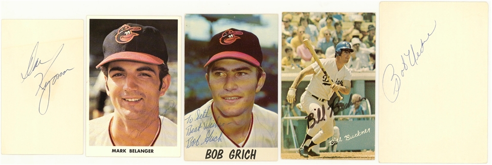 Lot of (5) 1970s-80s MLB Stars and Legends Single Signed Cuts/Photos Including Bill Buckner, Bob Grich, Mark Belanger, Davey Lopes & Bob Uecker (Beckett PreCert)